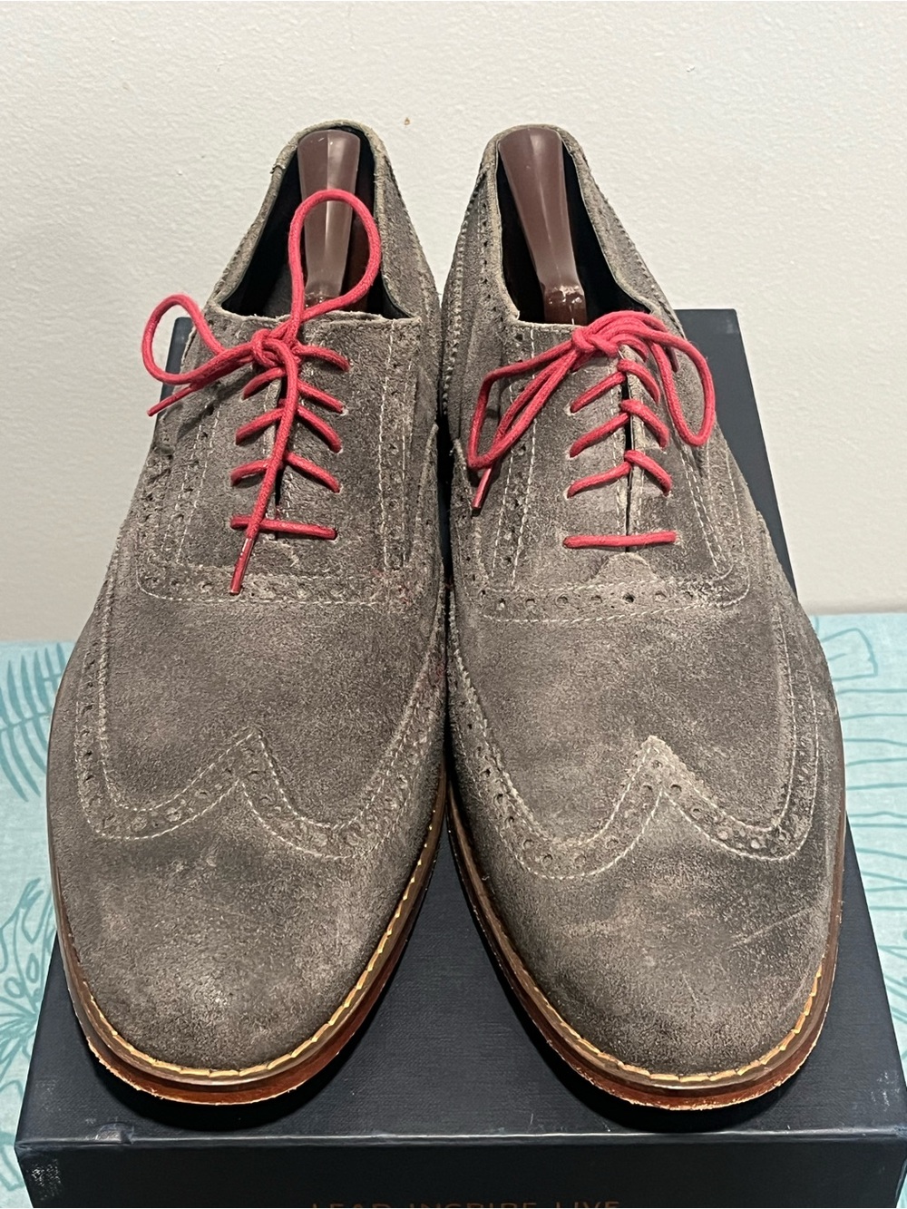 Cole Haan Brown Suede Wingtip Oxfords with Burgundy Laces